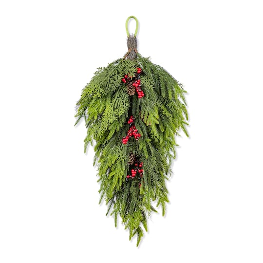 Glitzhome® 31.5"H Christmas Greenery PE Teardrop with Pinecones and Red Berries | 31.5" x 16.5" x 3.5" | Michaels®